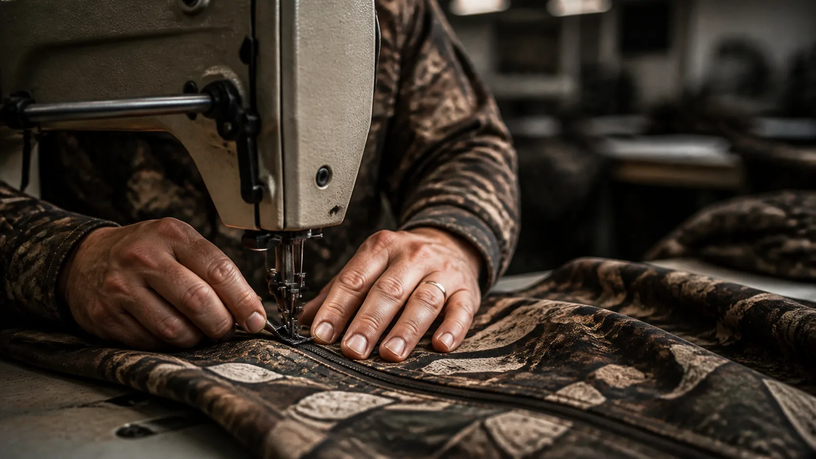 Skilled manufacturing of camouflage hunting apparel